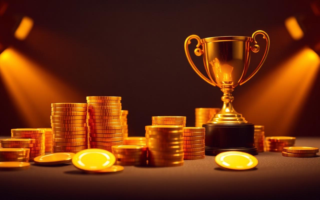 Stacks of golden chips and a trophy representing SpinBoss rewards