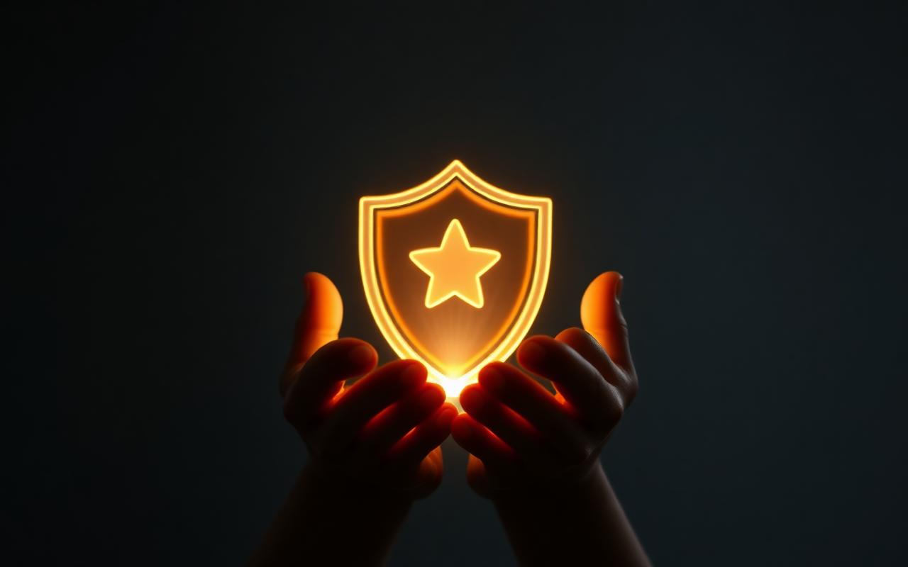 A glowing shield held in cupped hands representing player protection